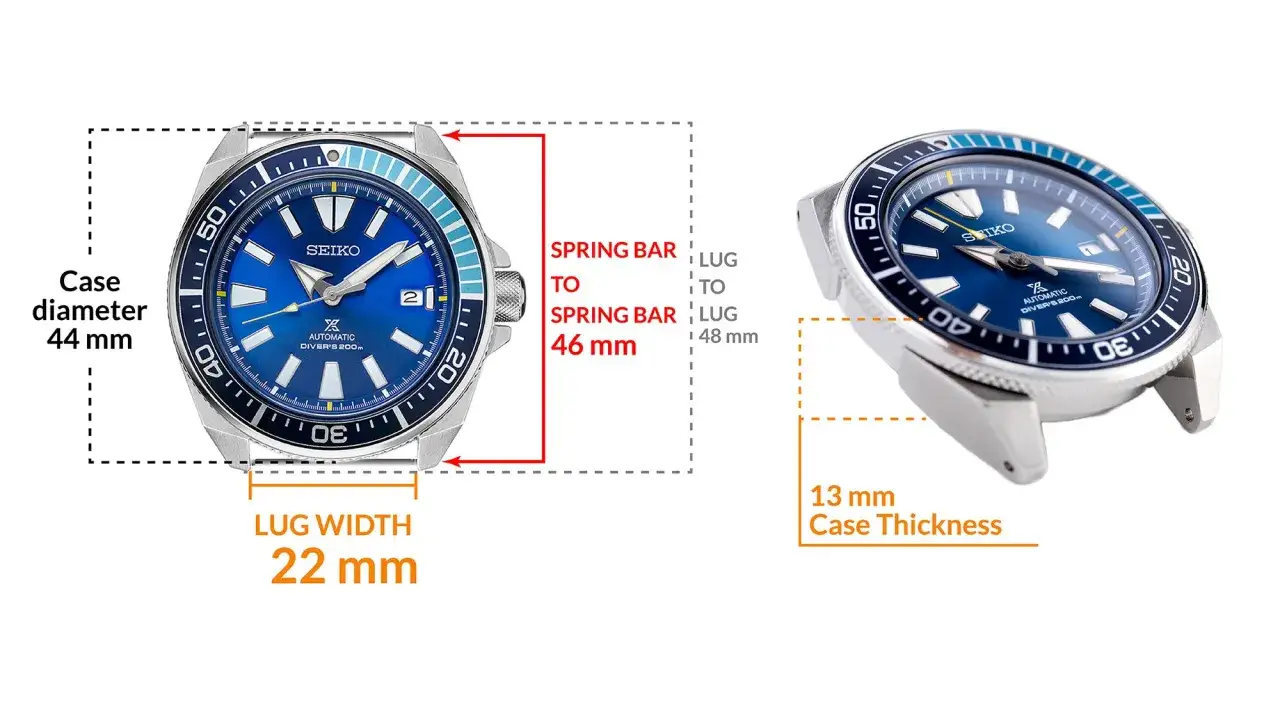Orologio Seiko con cassa da 44mm, spessore 13mm e larghezza lug to lug di 22mm.