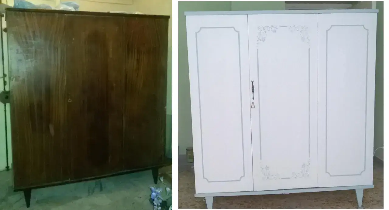 Armadio scuro trasformato con chalk paint bianca, dettagli grigi e decori floreali. Un vero prima e dopo!