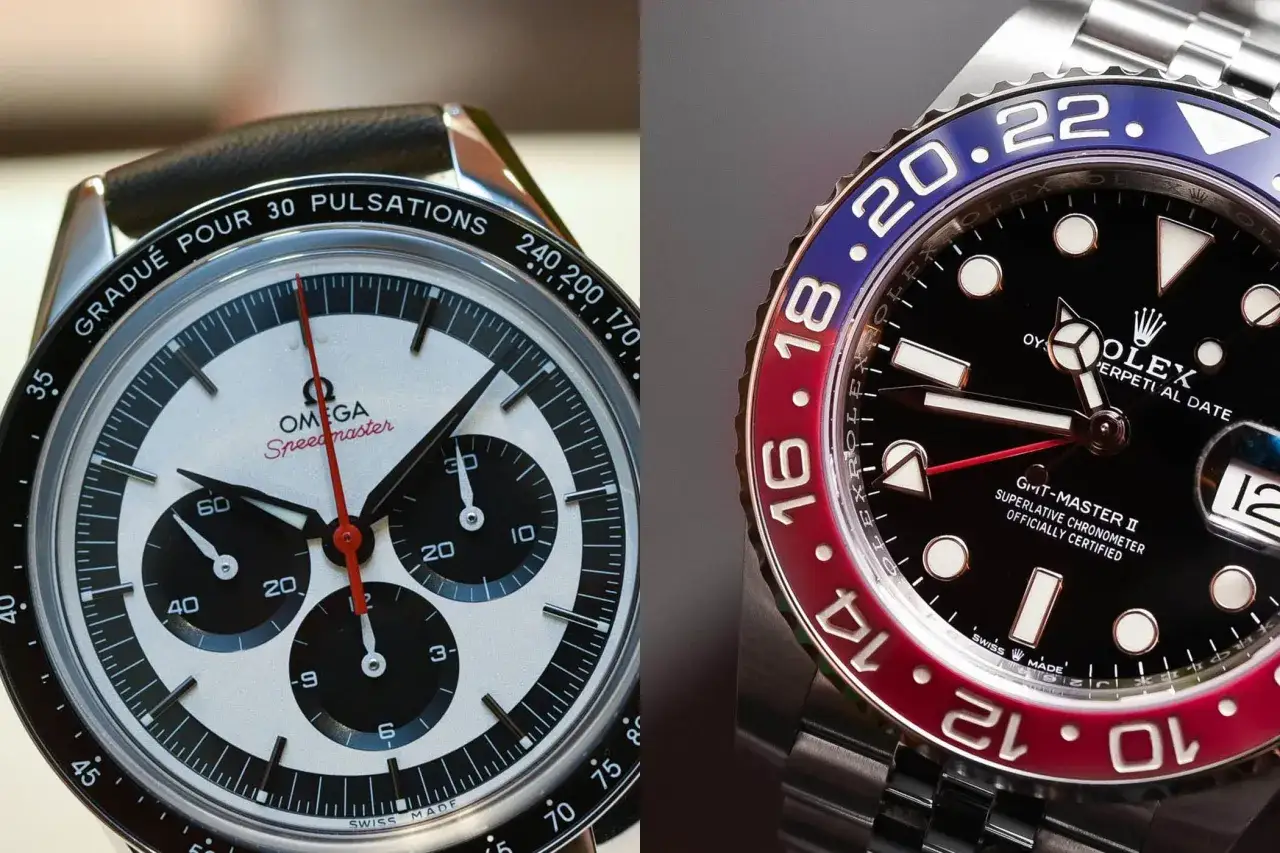 Due orologi a confronto: un Omega Speedmaster con ghiera tachimetrica e un Rolex GMT-Master II con ghiera bicolore rossa e blu.