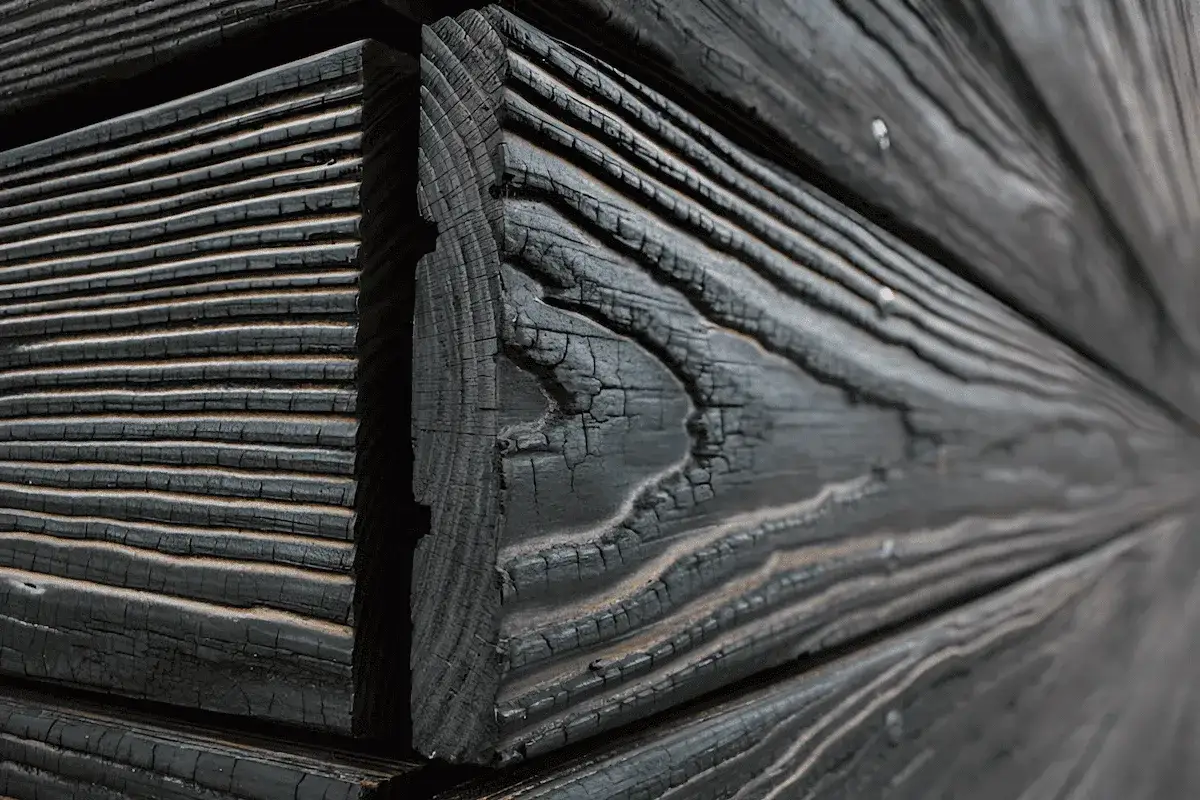 Legno carbonizzato con tecnica shou sugi ban, texture profonda e venature in rilievo.