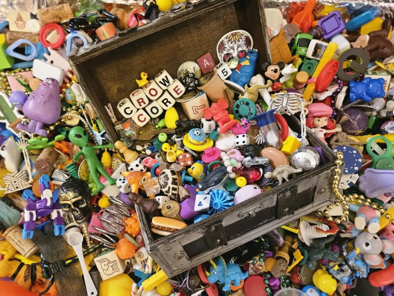 Tesoro di giocattoli vintage, tra cui lettere che formano