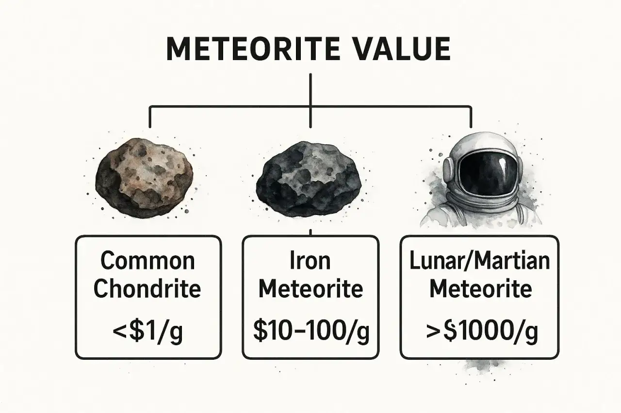 Valore dei meteoriti: condriti comuni (<$1/g), meteoriti ferrosi ($10-100/g) e i preziosi meteoriti lunari/marziani (>$1000/g), tra cui i meteoriti rari.
