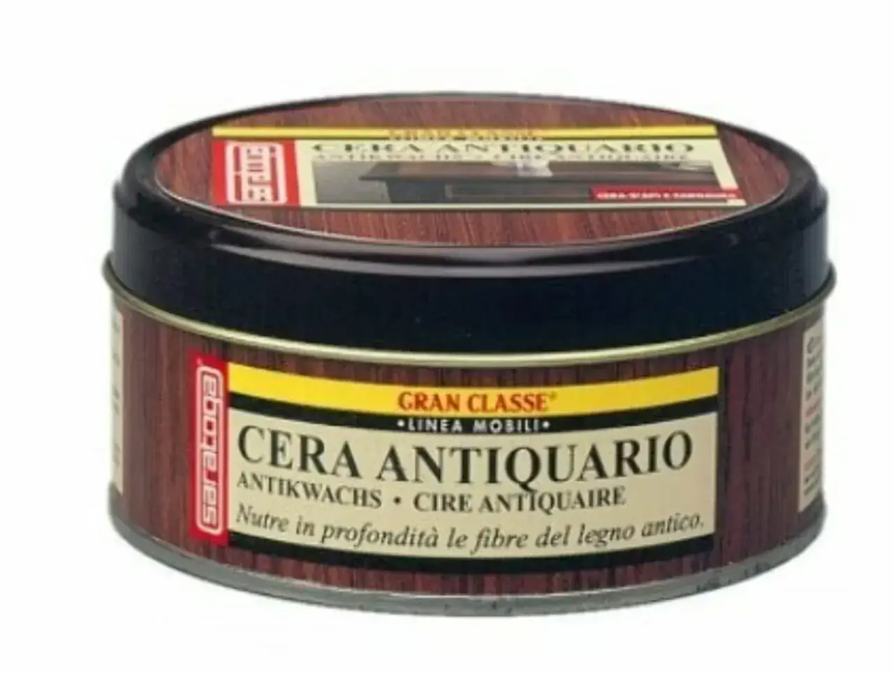 Latta di cera Saratoga Antiquario per la finitura a cera dei mobili antichi. Nutre in profondità le fibre del legno.