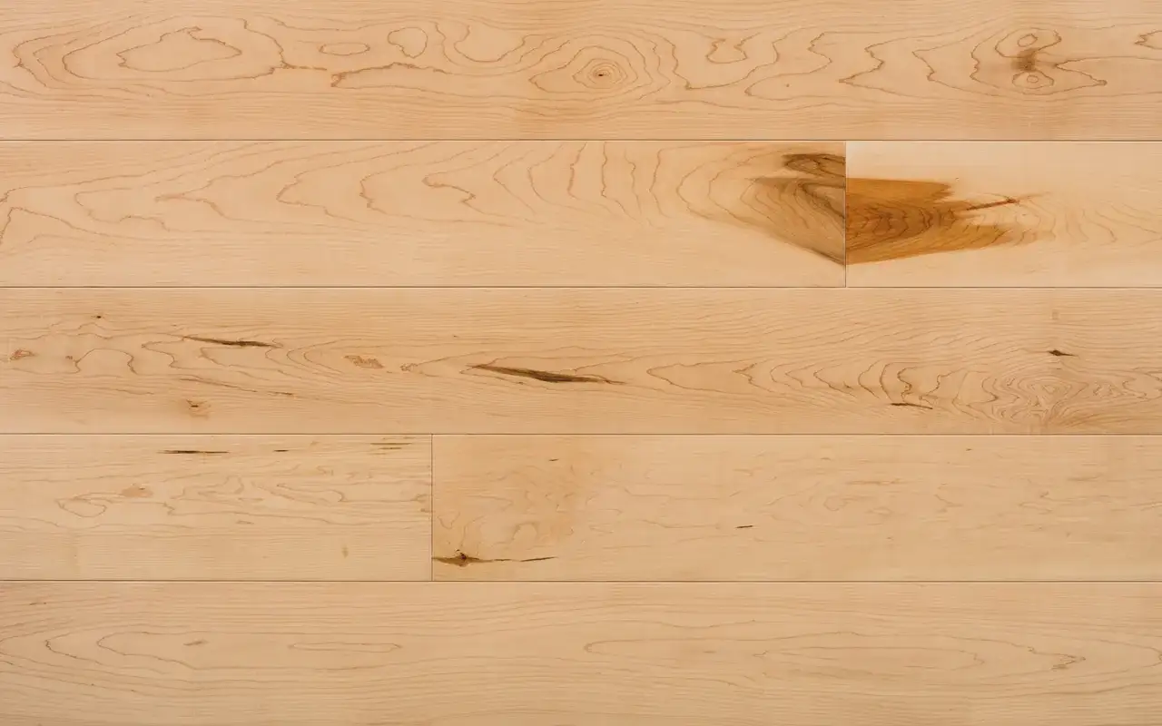 Assi di legno d'acero con venature ondulate e nodi scuri, che creano un motivo naturale e caldo.