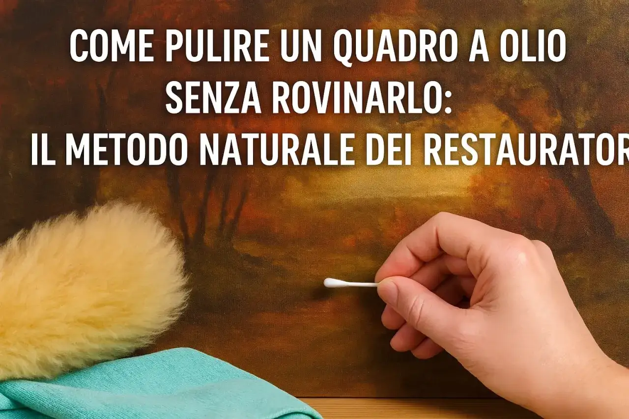 Mano con cotton fioc pulisce un quadro a olio senza vetro, mostrando come pulire i quadri senza rovinarli con metodi naturali.
