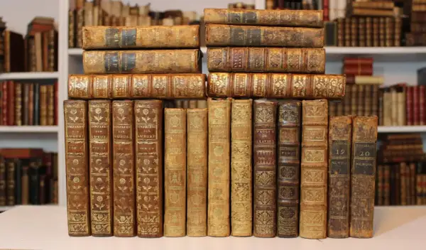 Antichi volumi rilegati in pelle, con decorazioni dorate, che potrebbero rappresentare un interessante valore libri antichi del 1700.
