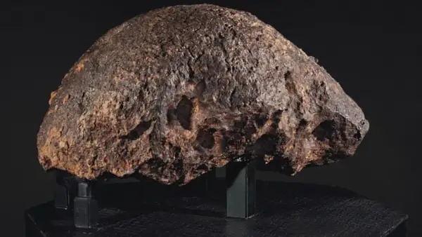 Massiccio meteorite, un esemplare di meteoriti rari, con una superficie ruvida e craterizzata, esposto su un piedistallo nero.