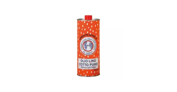 Lattina arancione con pois bianchi, etichetta con scritta "Olio Lino Cotto Puro" e logo Sprintchmica. Ideale per la tripla cottura.