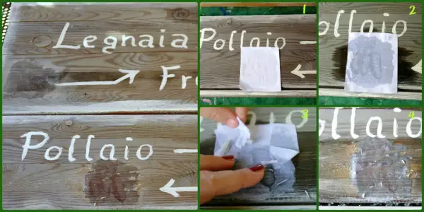 Segni su legno: "Legnaia", "Pollaio". Si applica un disegno con carta, poi si rimuove. La porporina cos'è? Forse un effetto glitterato.