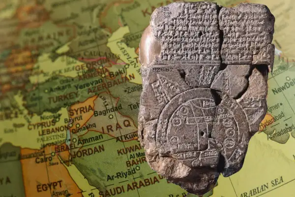Tavoletta d'argilla con incisioni cuneiformi, che rappresenta la mappa più antica del mondo, sovrapposta a una mappa moderna del Medio Oriente.