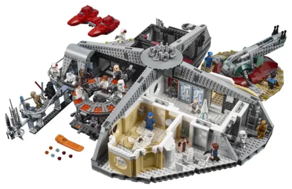 Il Millennium Falcon LEGO, il set più costoso al mondo, con dettagli interni e personaggi iconici di Star Wars.