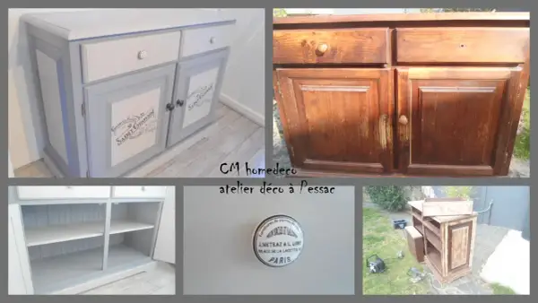 Prima e dopo: un mobile da ristrutturare, ora grigio e bianco con decorazioni, pronto per una nuova vita.