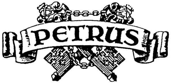 Stemma con nastro "PETRUS" e catene incrociate. Un'icona che evoca il petrus vino più costoso, simbolo di lusso e prestigio.