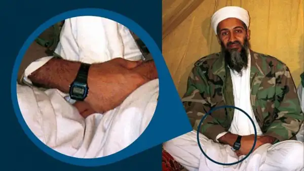 Primo piano sul polso di Osama bin Laden che indossa un orologio digitale, forse l'orologio più venduto al mondo per la sua semplicità e affidabilità.