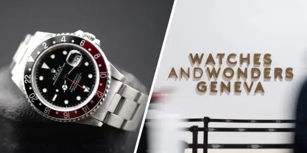 Un Rolex GMT-Master II in primo piano, con lo sfondo della scritta "Watches and Wonders Geneva", la fiera degli orologi.
