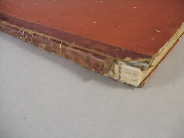 Dettaglio di una rilegatura libri vecchi con copertina rossa e dorso in pelle usurato, che mostra i segni del tempo.