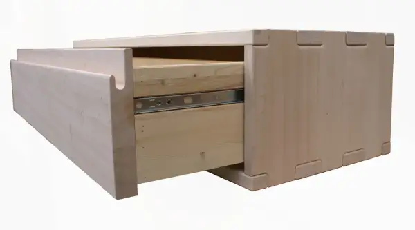 Cassetto in legno con guide metalliche, pronto per sostituire guide cassetti in legno.