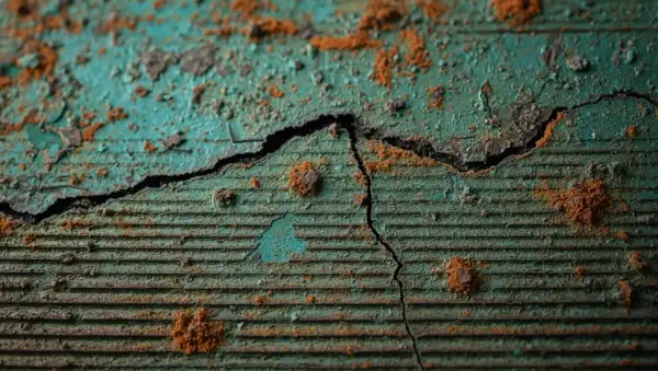 Dettaglio di una superficie verde screpolata, con evidenti segni di ruggine e crepe. Il bronzo si ossida, rivelando la sua storia.
