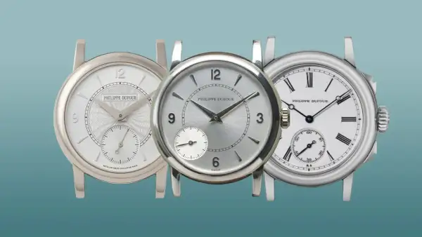 Tre orologi di lusso Philippe Dufour, ognuno con un quadrante unico, mostrano l'artigianato svizzero.