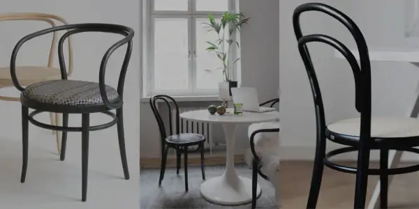Dettagli di sedie Thonet in legno curvato, con seduta in paglia o tessuto. Un collage che mostra come riconoscere una sedia Thonet originale.
