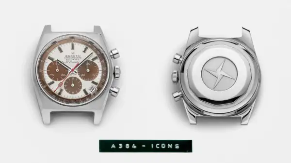 Orologio Zenith El Primero A384 con movimento automatico, cronografo e datario. Il fondello presenta un'iconica stella a quattro punte.