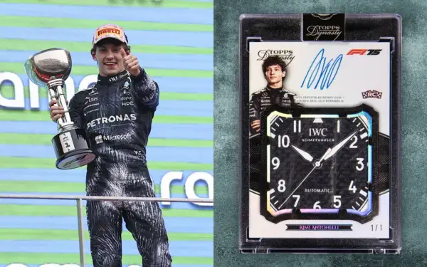 Figurina Panini più costosa: Kimi Antonelli con trofeo e card autografata con cimelio di gara.