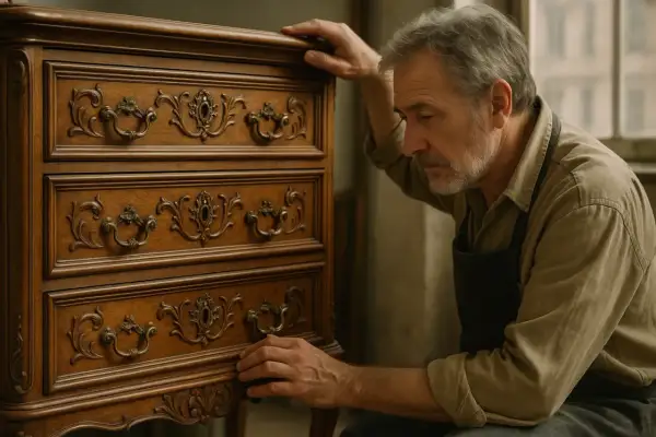 Un artigiano osserva un antico chiffonier, simbolo di eleganza e funzionalità.