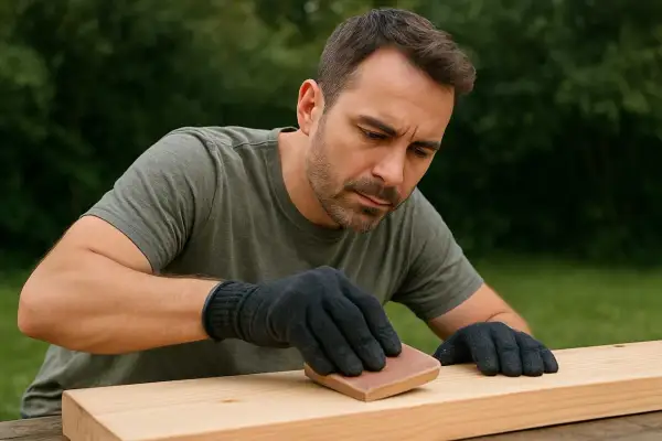 Uomo con guanti neri leviga un asse di legno grezzo all'aperto, un passo essenziale nel trattamento legno grezzo.
