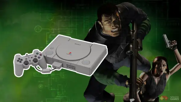 PlayStation 1 con controller e personaggi di videogiochi rari, su sfondo verde con schemi tecnici.