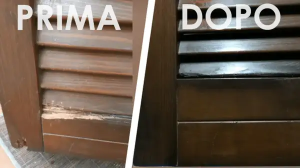 Prima e dopo: riparazione di legno marcio con resina per legno marcio. La persiana è stata restaurata.